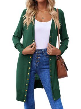 Women's Dark Green Button Down Long Sleeve Lightweight Casual Cardigan Sweaters